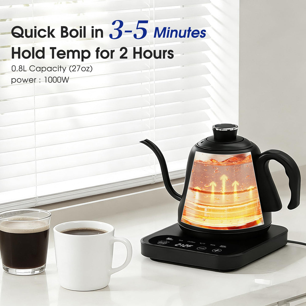REXYHOME gooseneck kettle keep-warm indicator illustrates two-hour heat retention for multiple cups.