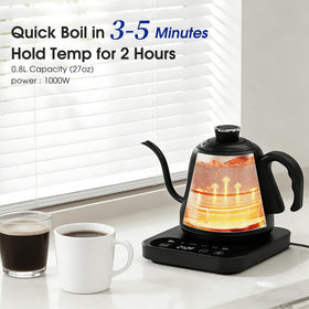 REXYHOME gooseneck kettle keep-warm indicator illustrates two-hour heat retention for multiple cups.