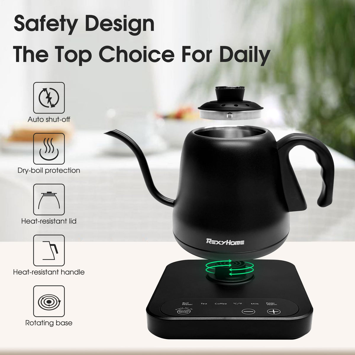 REXYHOME gooseneck kettle quick-boil action emphasizes fast heat and quiet operation.