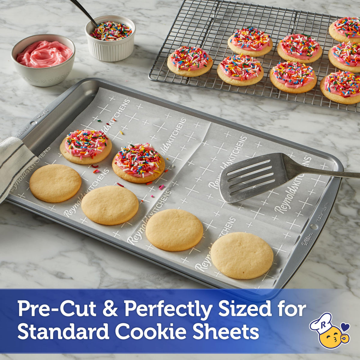 Reynolds SmartGrid lines guide even cookie spacing for consistent baking.
