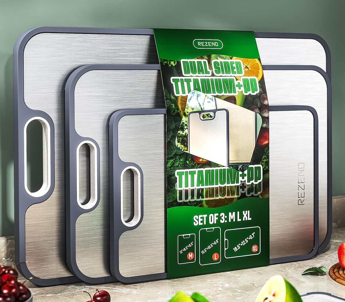 REZEND Titanium Cutting Board Set 3 M top view with dual-sided surfaces for versatile prep.