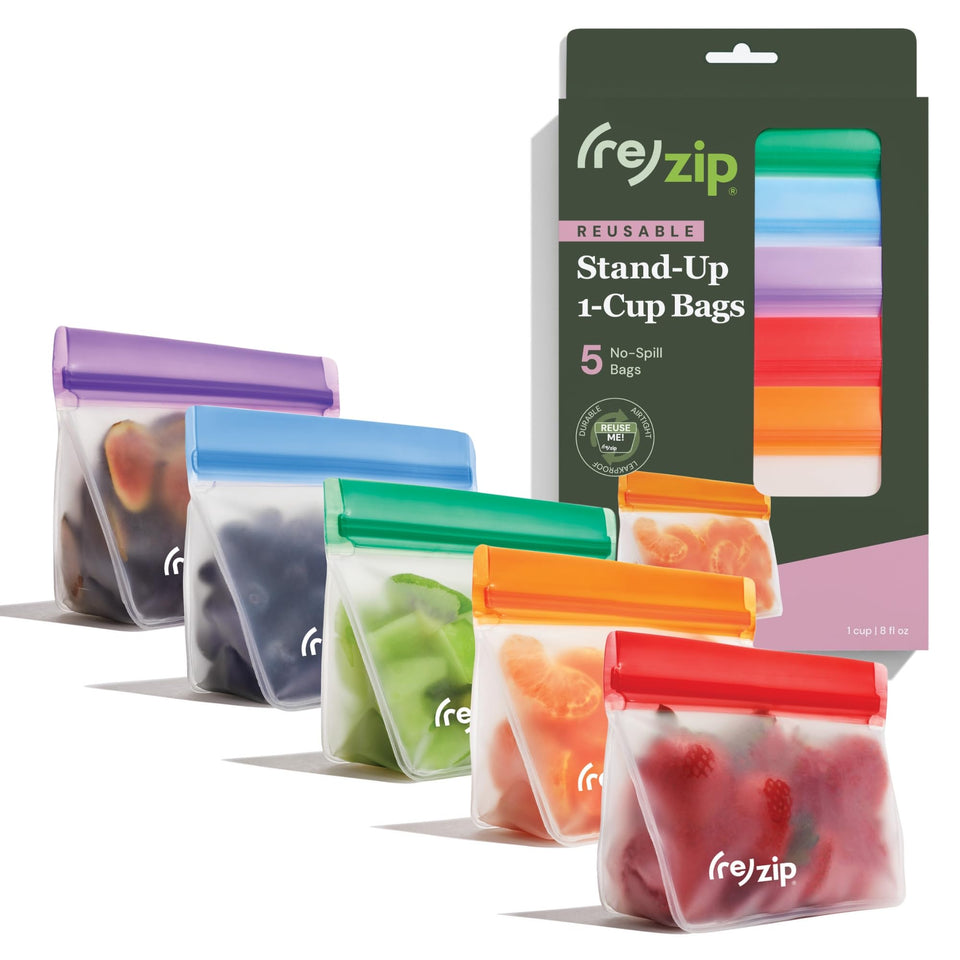 rezip leakproof stand-up snack bags for portable storage