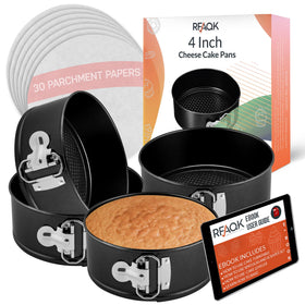 RFAQK 4-Inch Mini Cheesecake Pans Leakproof set shows compact pans for cheesecake perfection