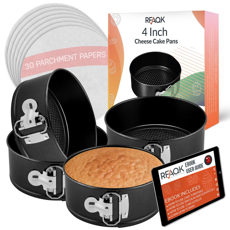 RFAQK 4-Inch Mini Cheesecake Pans Leakproof set shows compact pans for cheesecake perfection