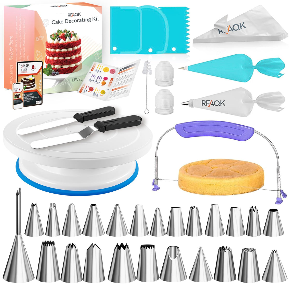 RFAQK 90-piece cake decorating kit on a turning turntable for smooth icing