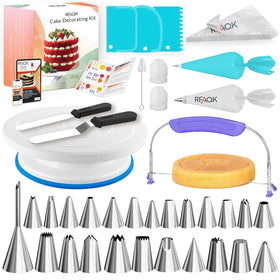 RFAQK 90-piece cake decorating kit on a turning turntable for smooth icing