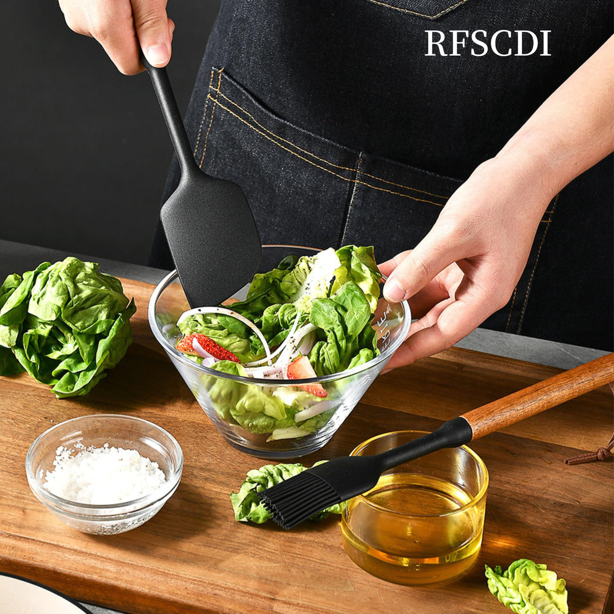 RFSCDI silicone soup spoon with wooden handle, perfect for simmered broths.