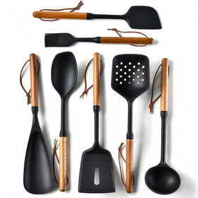 RFSCDI silicone spatula with wooden handle, safe for non-stick pans.