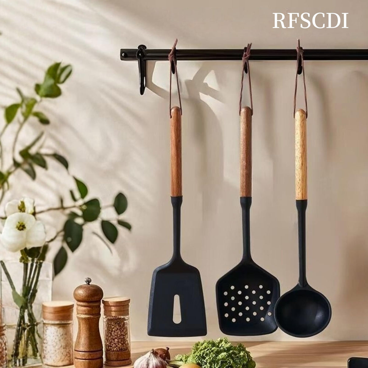 RFSCDI wooden-handled silicone utensils offer a sturdy grip.