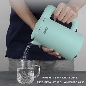 RHD green kettle shows auto shut-off and boil-dry safety features.