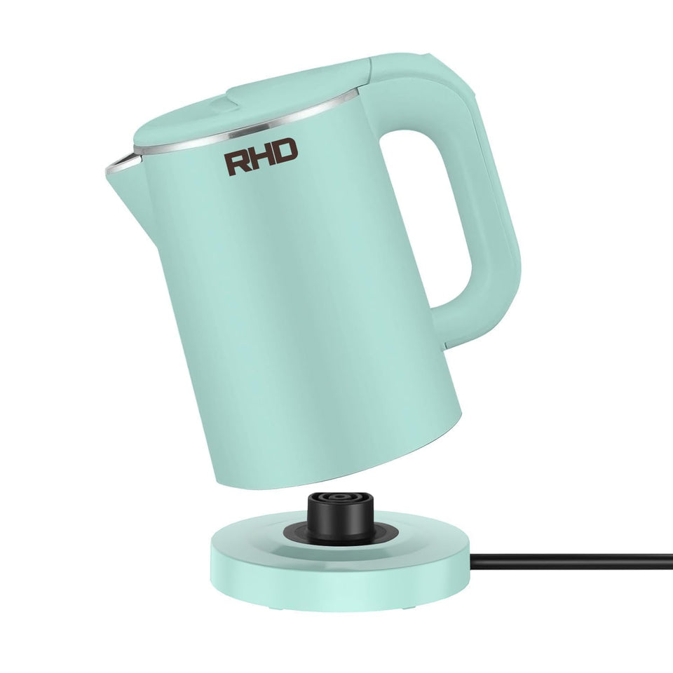 RHD 0.8L small electric kettle in green, front view for compact dorm or desk use.