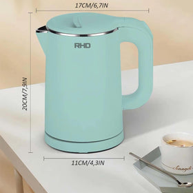 RHD green kettle with wide opening and lid open for easy filling and cleaning.