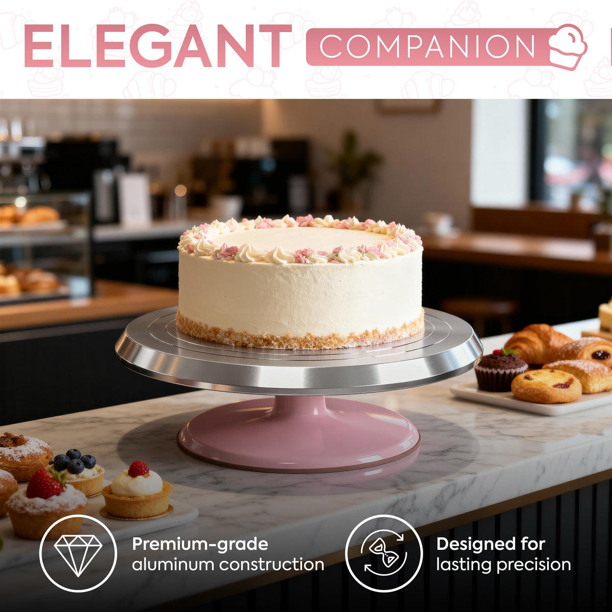 Riccle cake stand guiding lines aid precise alignment for a flawless finish.
