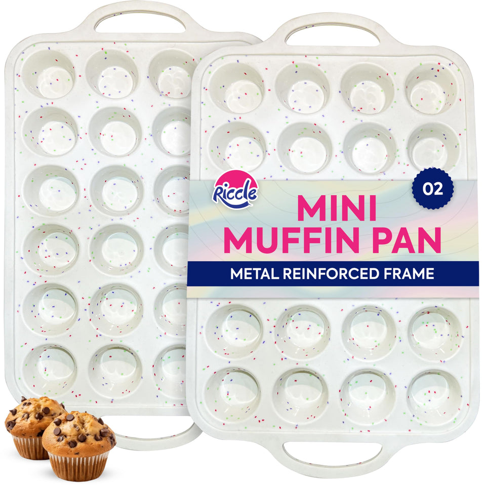 RICCLE 2-pack silicone mini muffin pan with metal reinforced frame for stable batter transfer.