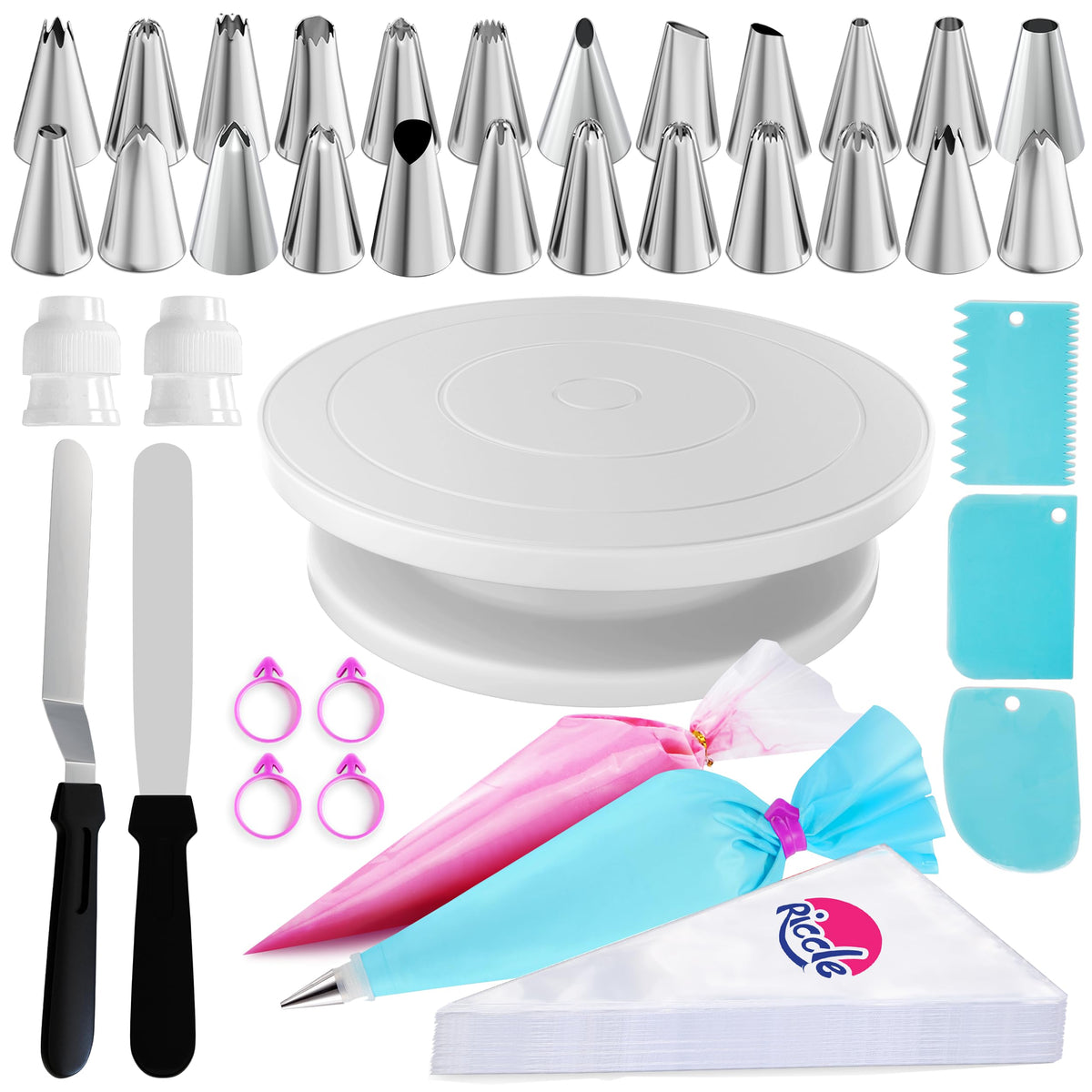 RICCLE 88-piece cake decorating kit on turntable for precise frosting