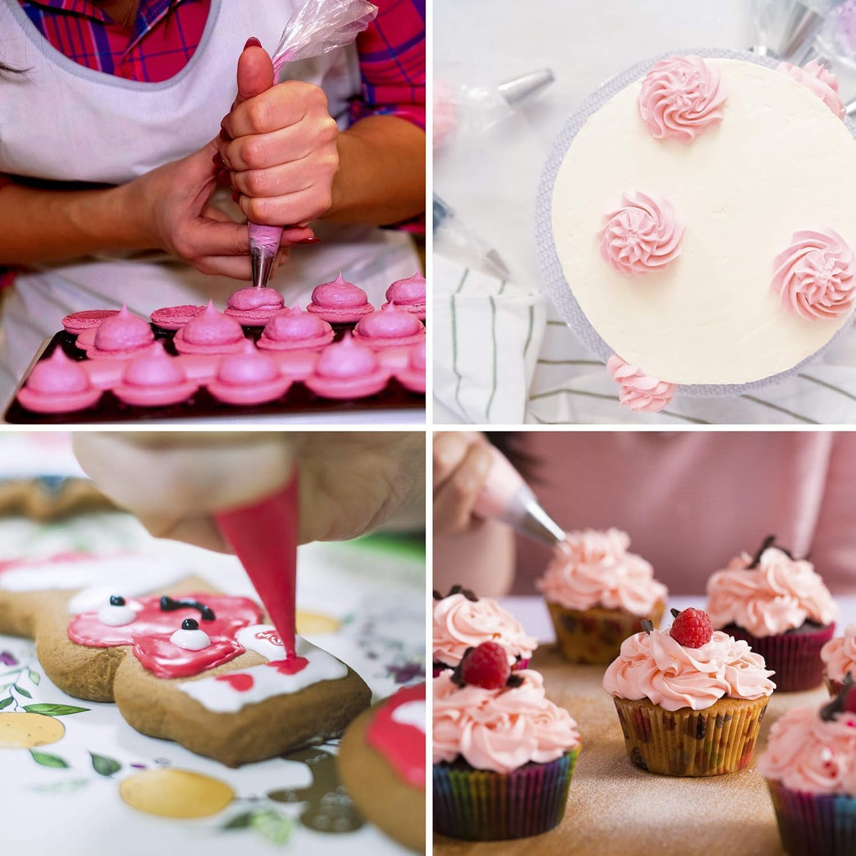 Riccle cake decorating setup using large bags for precise frosting details