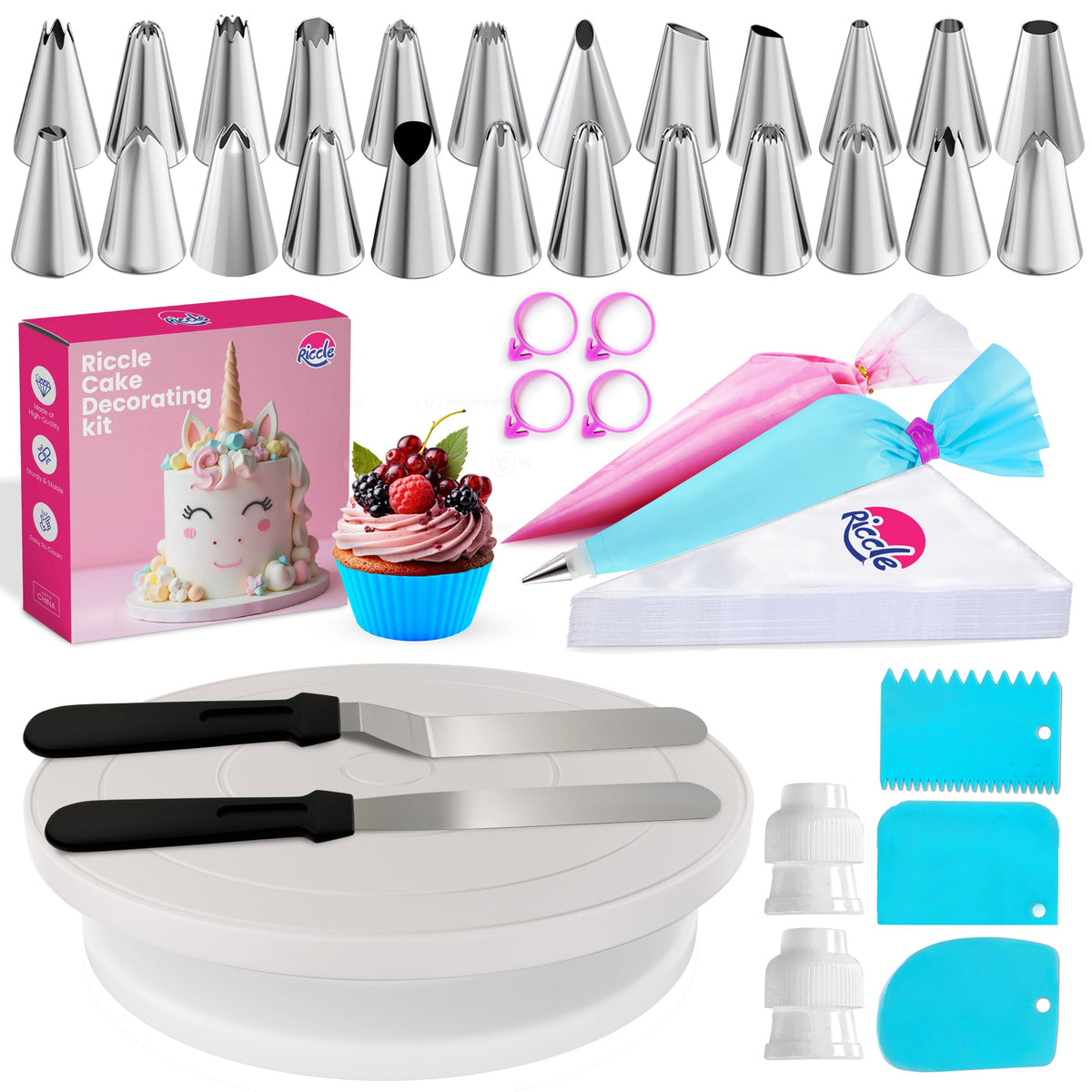RICCLE cake decorating kit with turntable for precise icing and smooth rotation