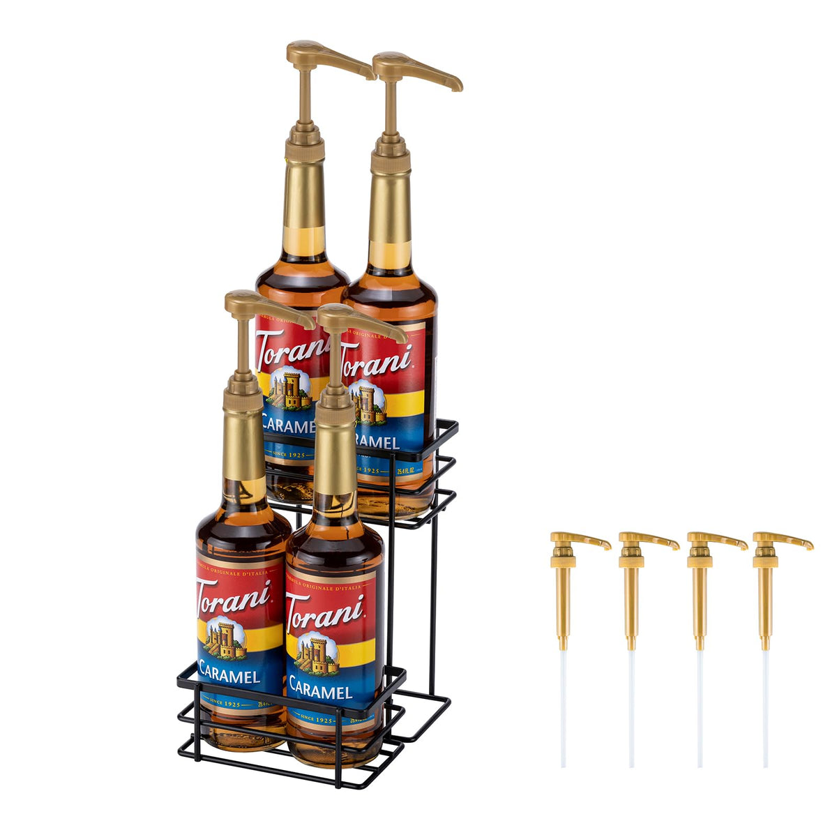 Rice Rat Coffee Syrup Rack with two tiers holds Torani and Monin bottles neatly.