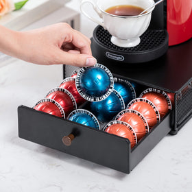Rice Rat Vertuo drawer open view displays organized pod sorting by taste.