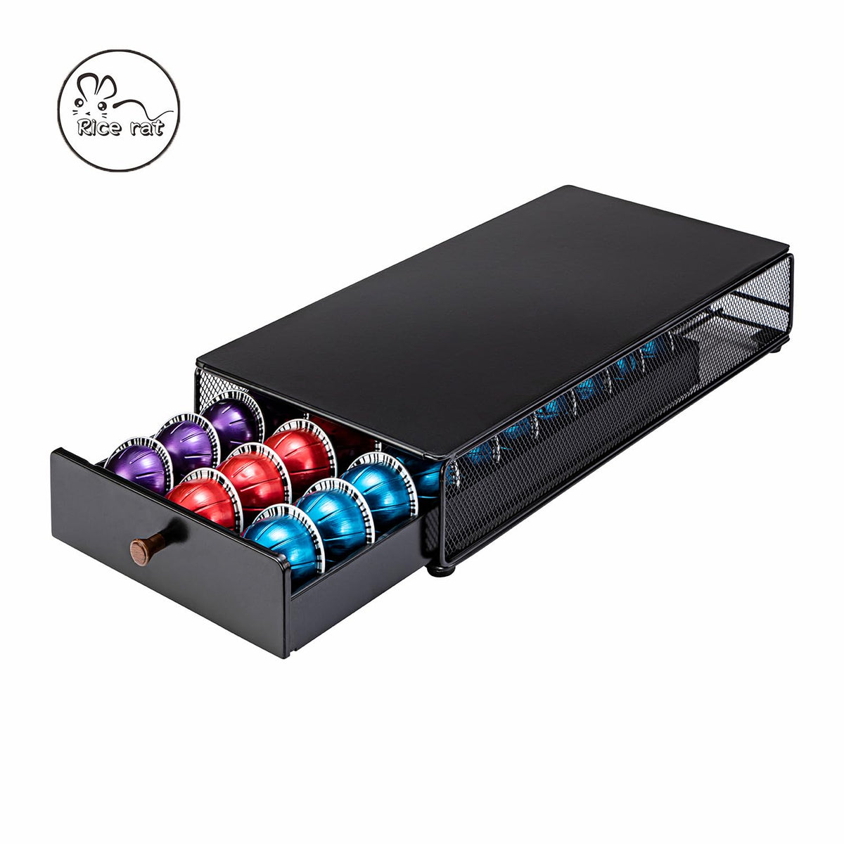 Rice Rat Vertuo drawer beside coffee maker emphasizes compact storage and accessibility.