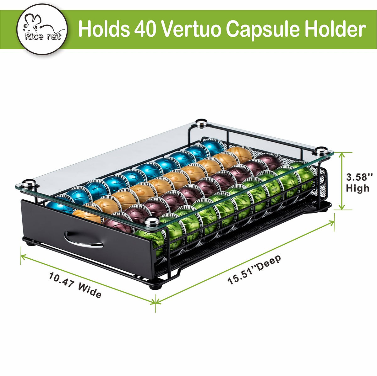 Rice rat Vertuo Drawer front view highlights organized 40-pod capacity.