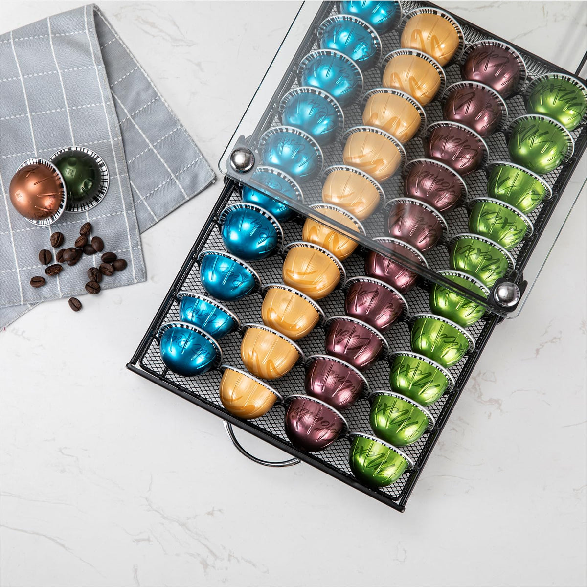 Rice rat Vertuo Drawer in kitchen keeps capsules within reach while saving space.