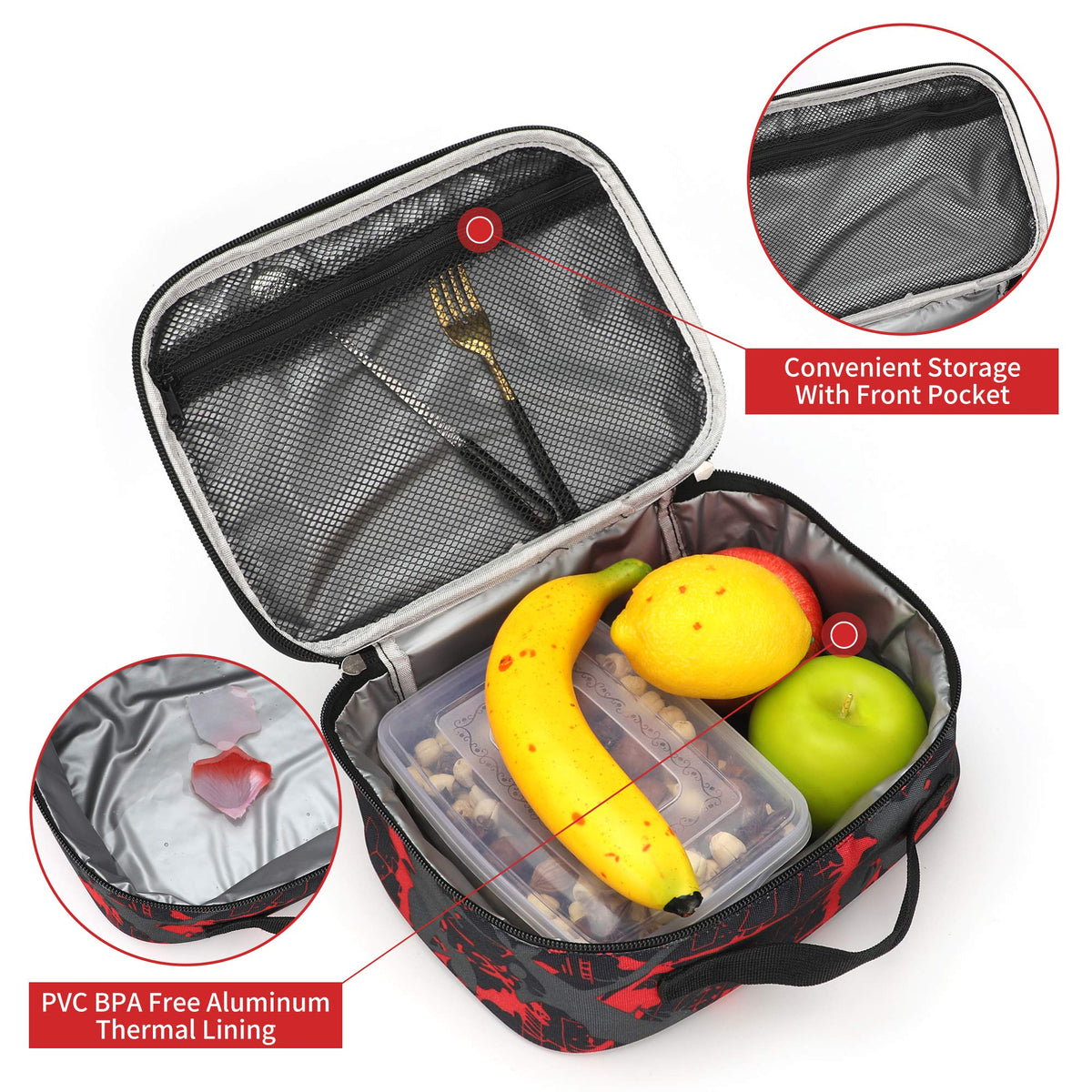 Rickyh Style insulated lunch bag showing thermal lining for hot or cold meals.