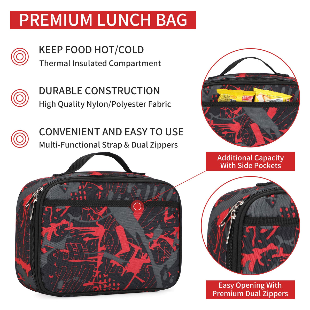 Rickyh Style lunch bag side mesh pocket for beverages on the go.