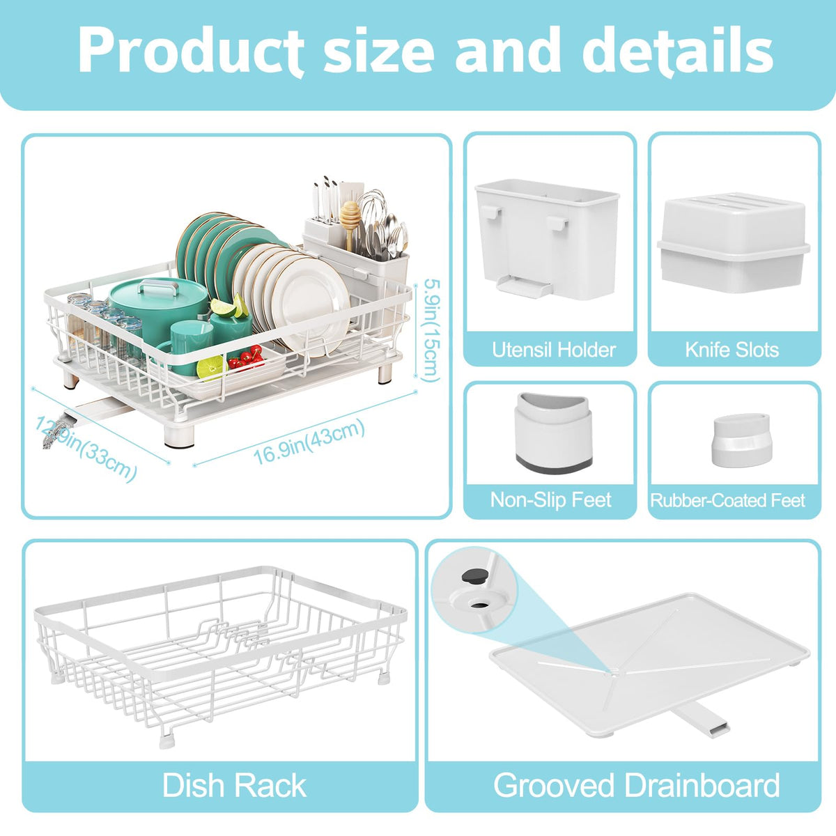 Non-slip feet stabilize the rack on the countertop during drying