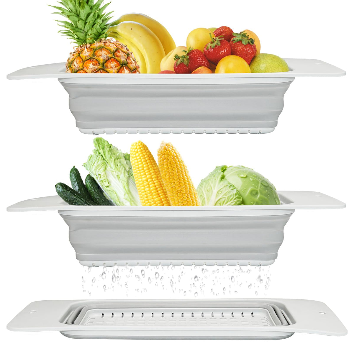 Rictine collapsible colander over-sink gray drains pasta quickly and easily.