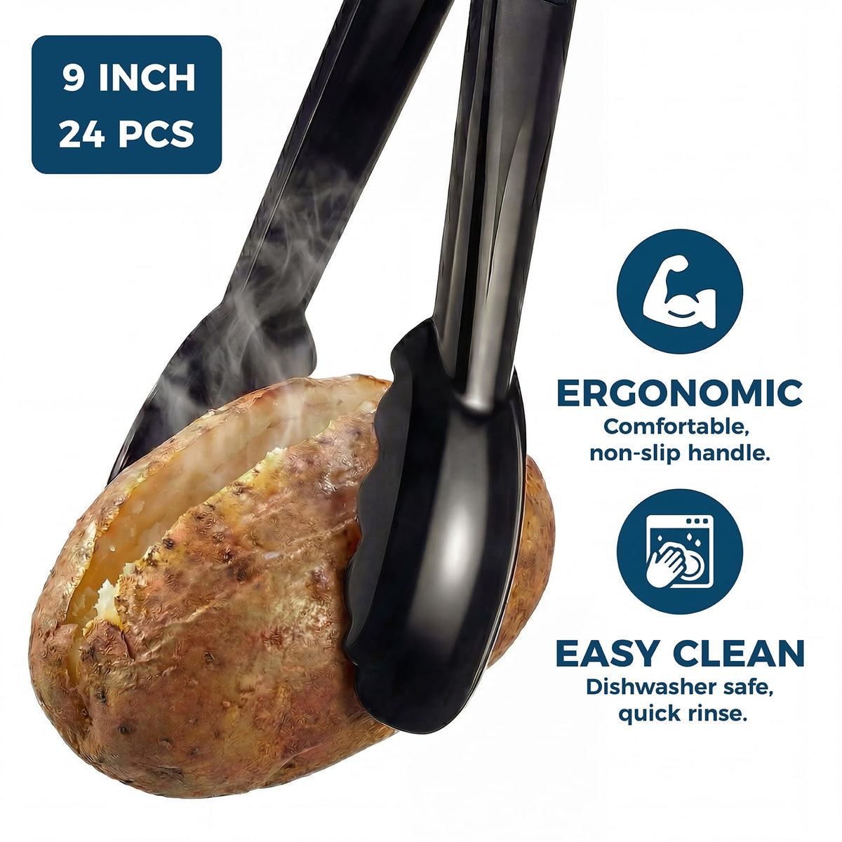 Ricvan 9-inch tongs in use with salad, highlighting non-slip scalloped grip