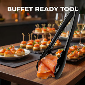 Ricvan food-safe black tongs suitable for salads, fruits, and deli items