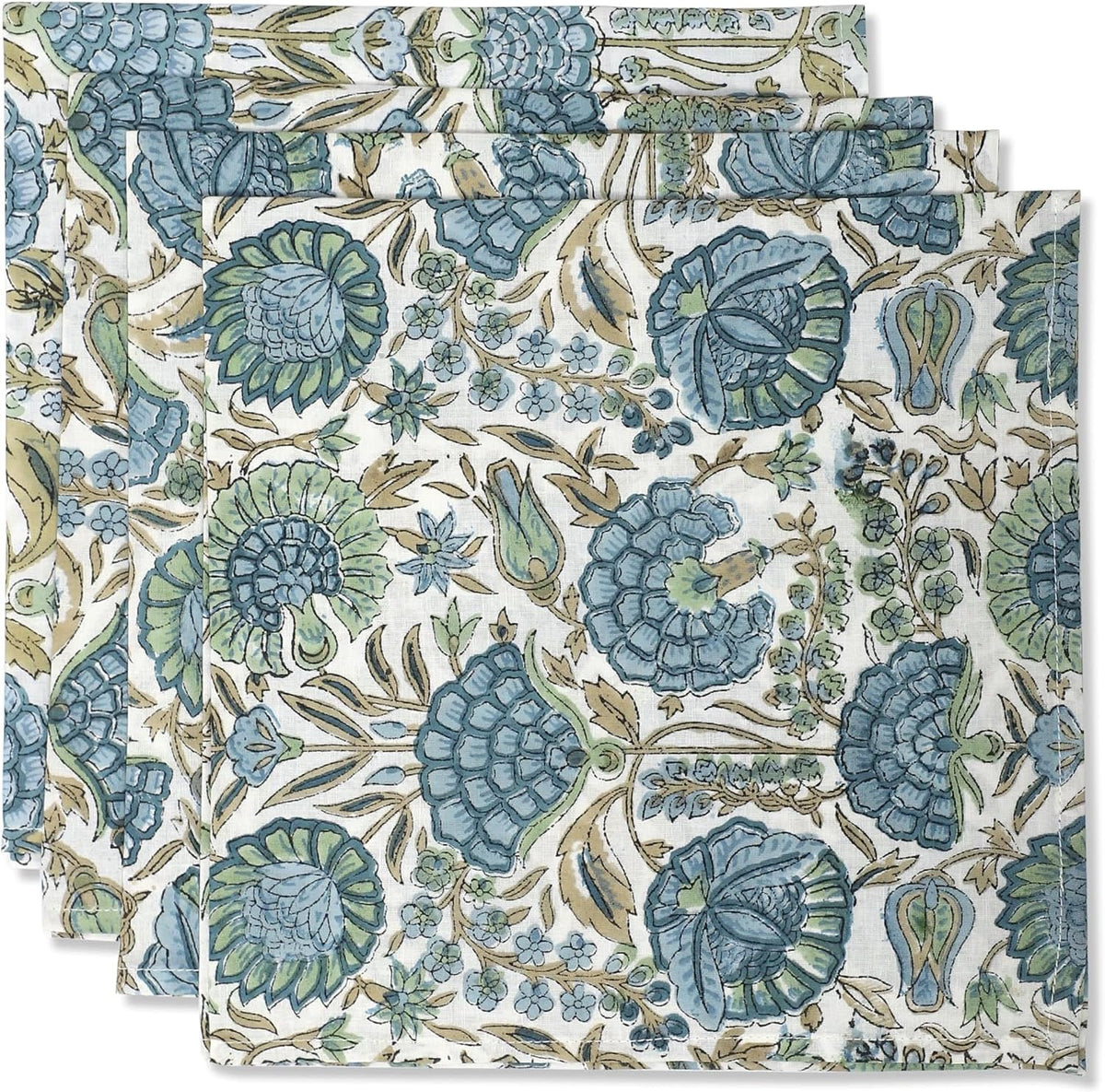 Ridhi Asparagus Green napkins block print closeup shows soft cotton and crisp floral detailing.