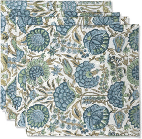Ridhi Asparagus Green napkins block print closeup shows soft cotton and crisp floral detailing.