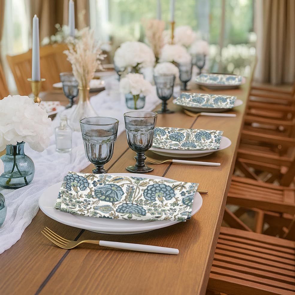 Ridhi Asparagus Green napkins on dining table setting demonstrate reusable fabric elegance.