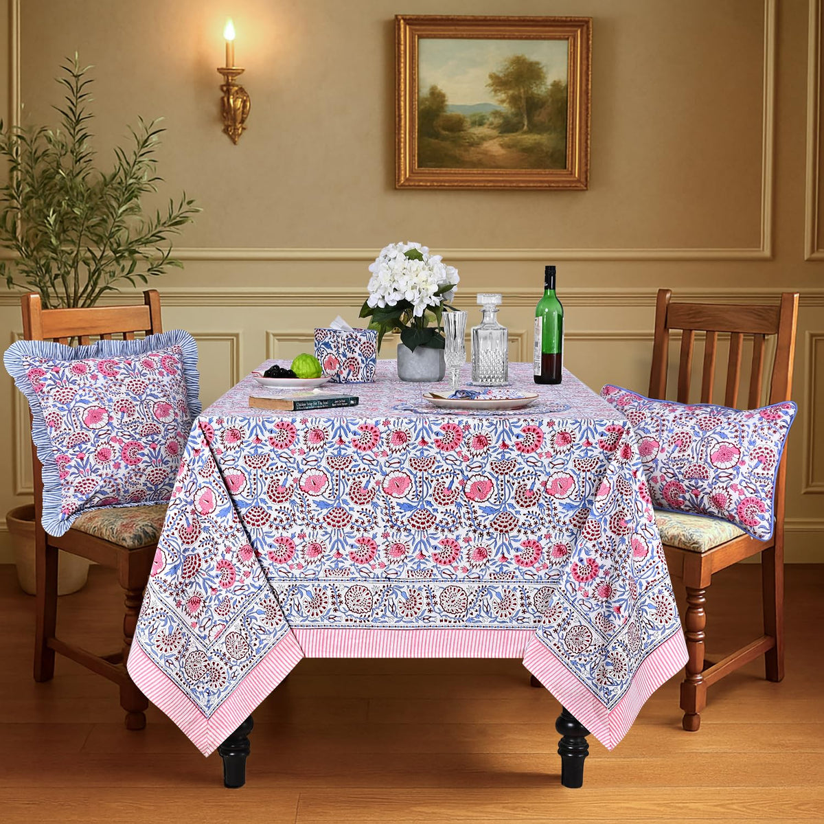 Ridhi cotton tablecloth with strong weave and neat hems.
