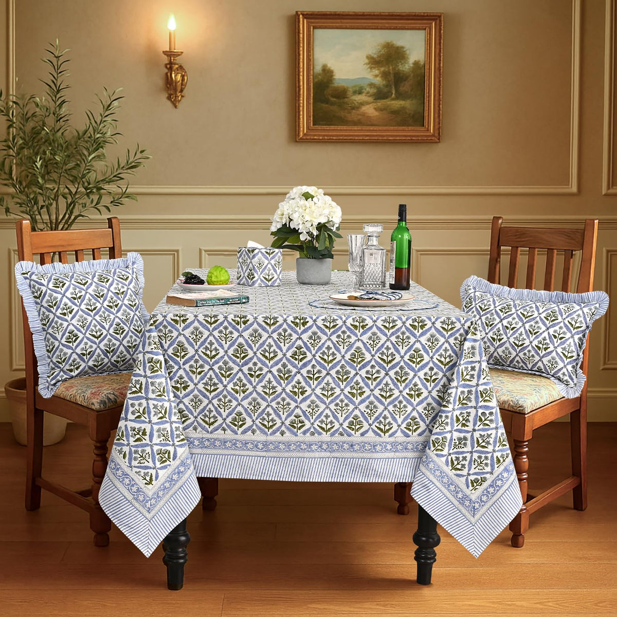 Ridhi hand-block-print steel blue tablecloth enhances festive table settings