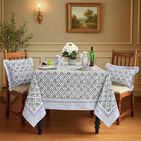 Ridhi hand-block-print steel blue tablecloth enhances festive table settings