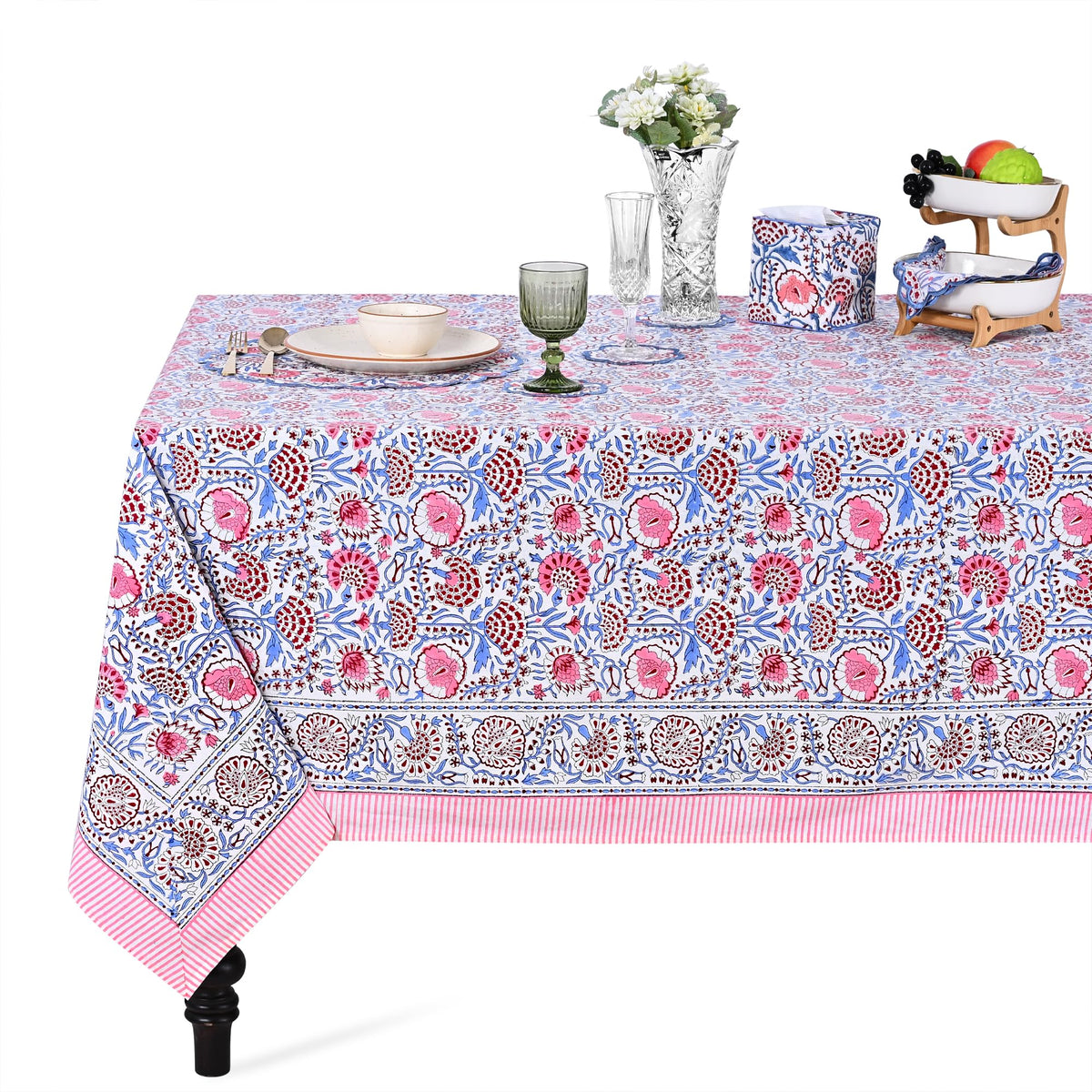 Ridhi hand block print tablecloth in pigeon blue and flamingo pink, 60x60 inches.
