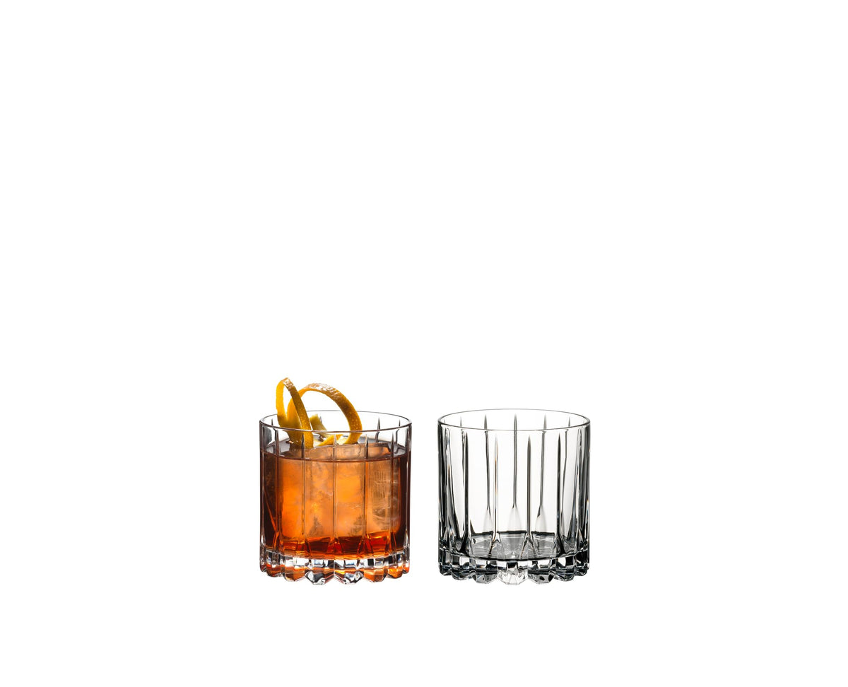 Riedel drink-specific rocks glass with standard and large ice cubes for versatile cocktails.