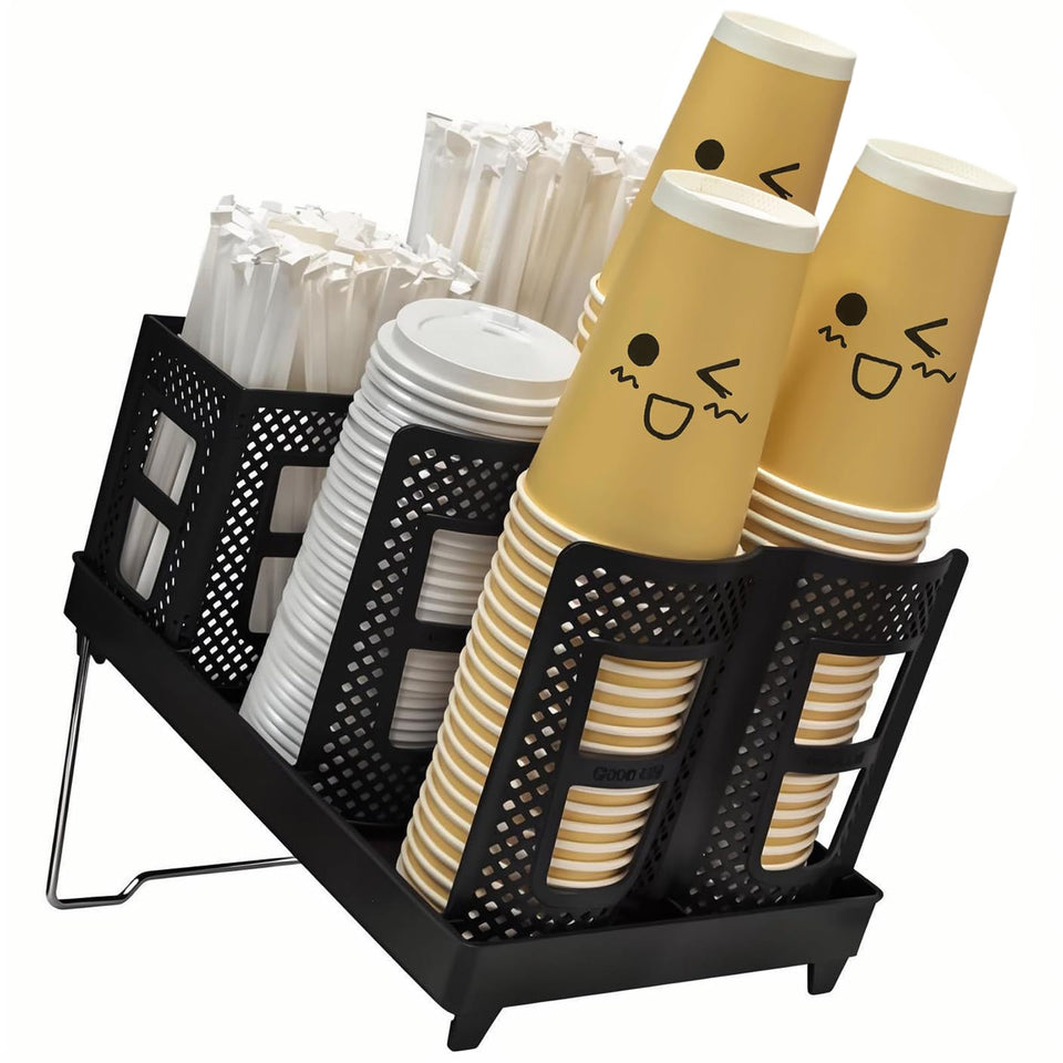 Riiriou coffee cup holder front view showcasing six compartments for quick, organized access to cups and lids.
