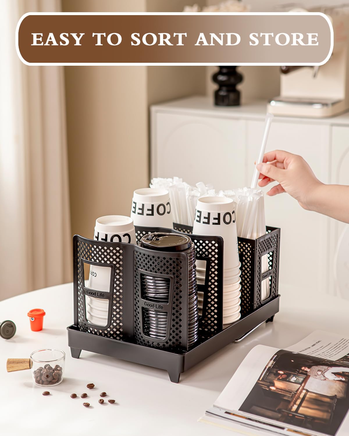 Riiriou six-compartment organizer highlights space-saving design ideal for busy counters.