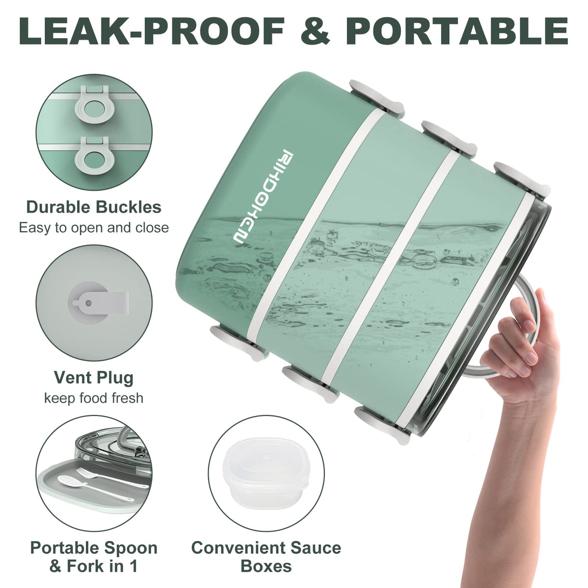 RIKDOKEN lunch box features leak-proof buckles to prevent spills.