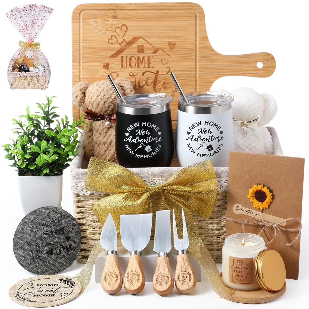 RimCereal housewarming basket top view with a complete 21-piece set for a new home
