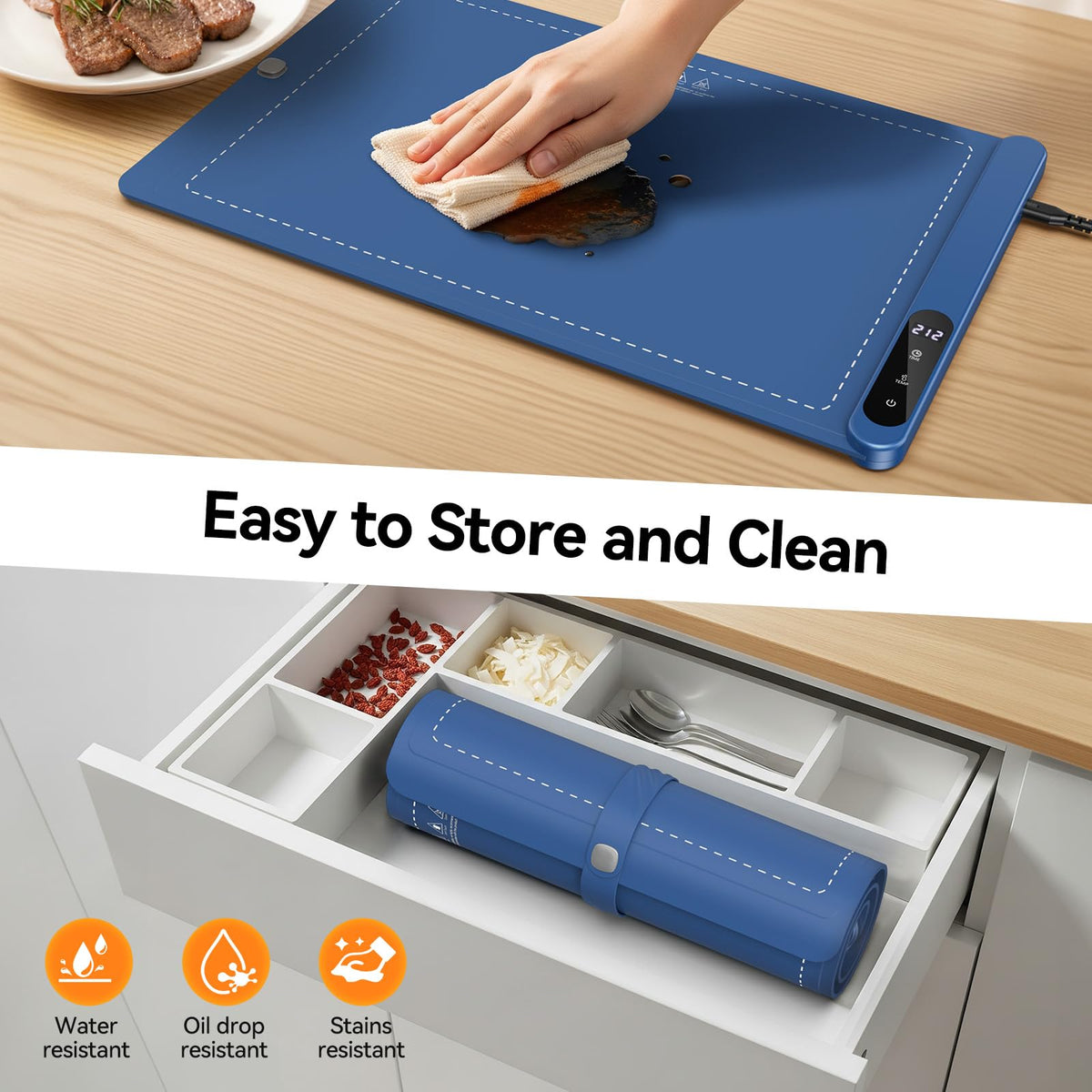 Rintea warming mat includes insulation pad to protect countertops from heat.