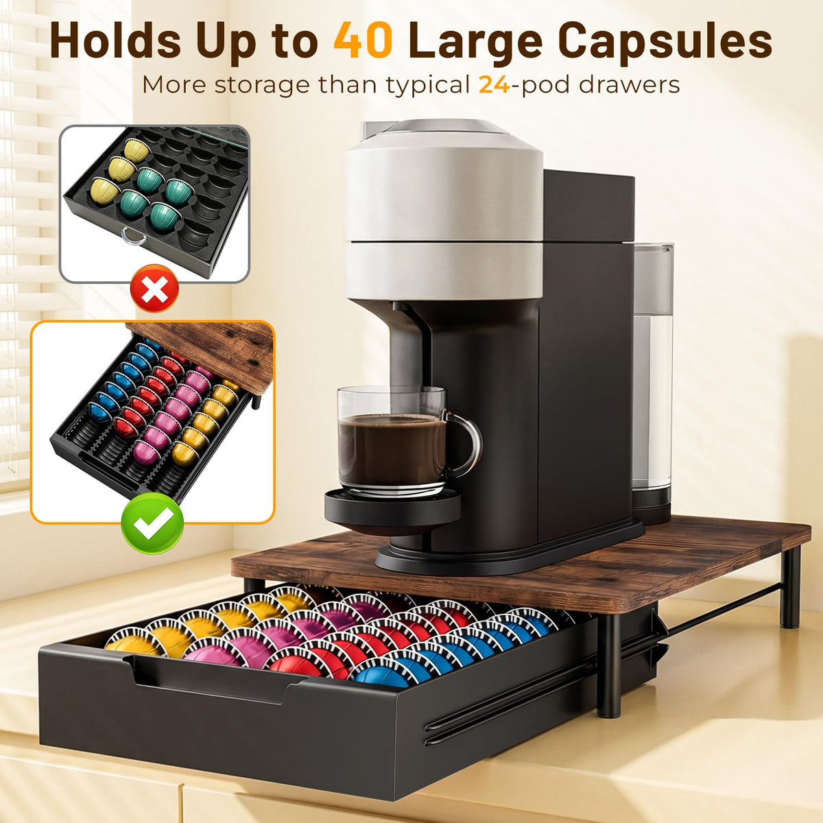 RIOCA under-machine view demonstrates slim profile fits under most coffee machines.