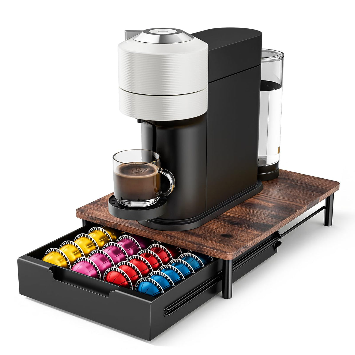 RIOCA coffee pod drawer top view highlights a rustic panel and ample Vertuo capacity.