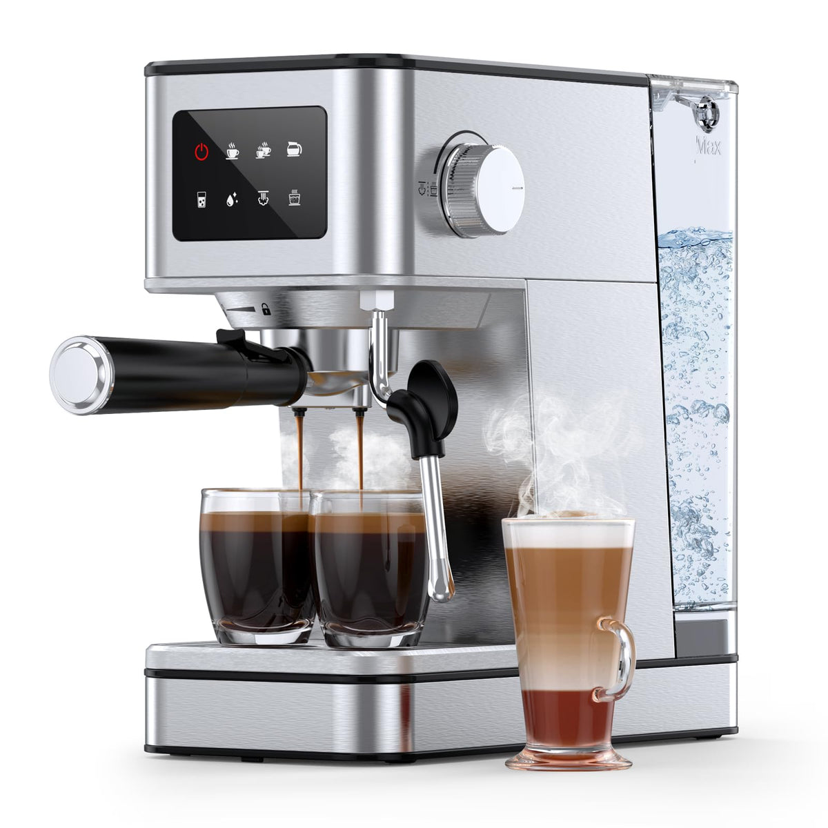 RIOSKY espresso machine front view showing compact stainless steel build for home use