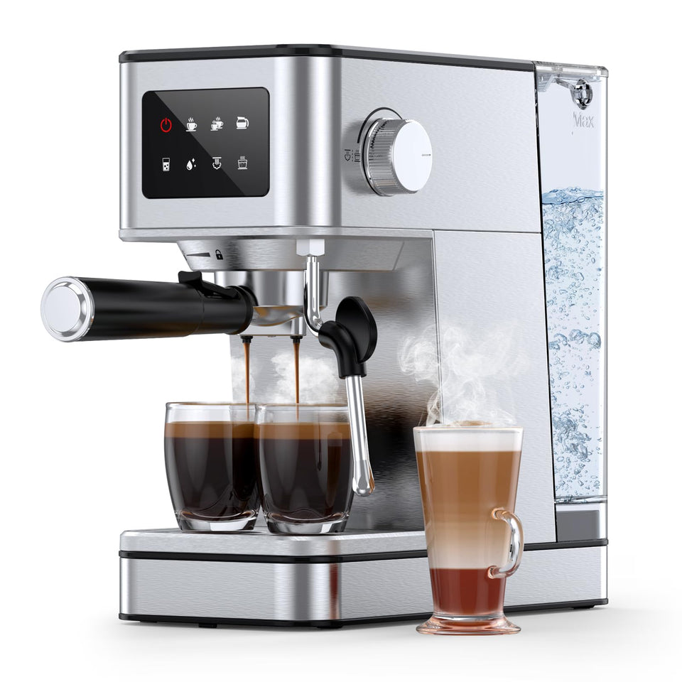 RIOSKY espresso machine front view showing compact stainless steel build for home use