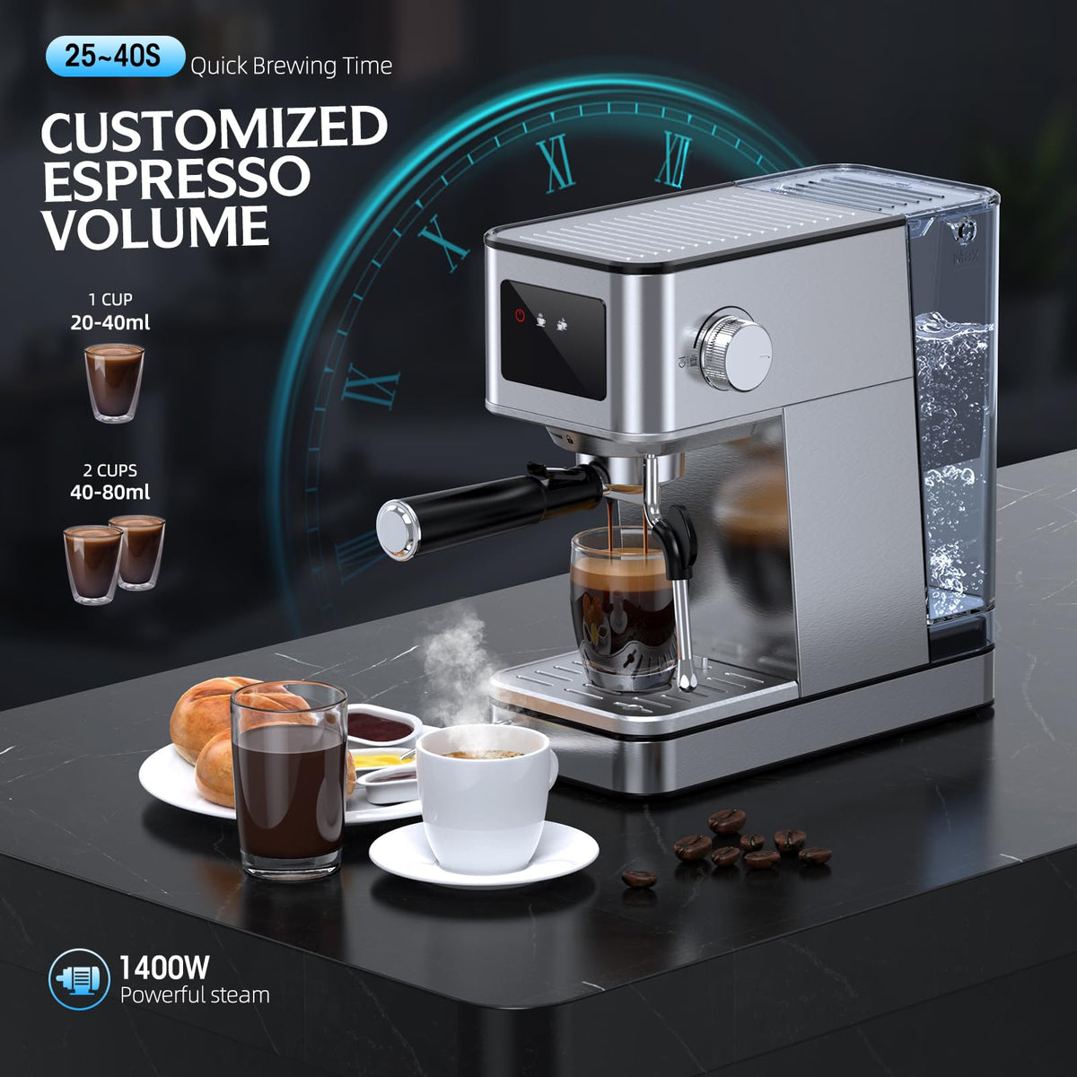 Close-up of espresso shot extraction with crema on RIOSKY machine